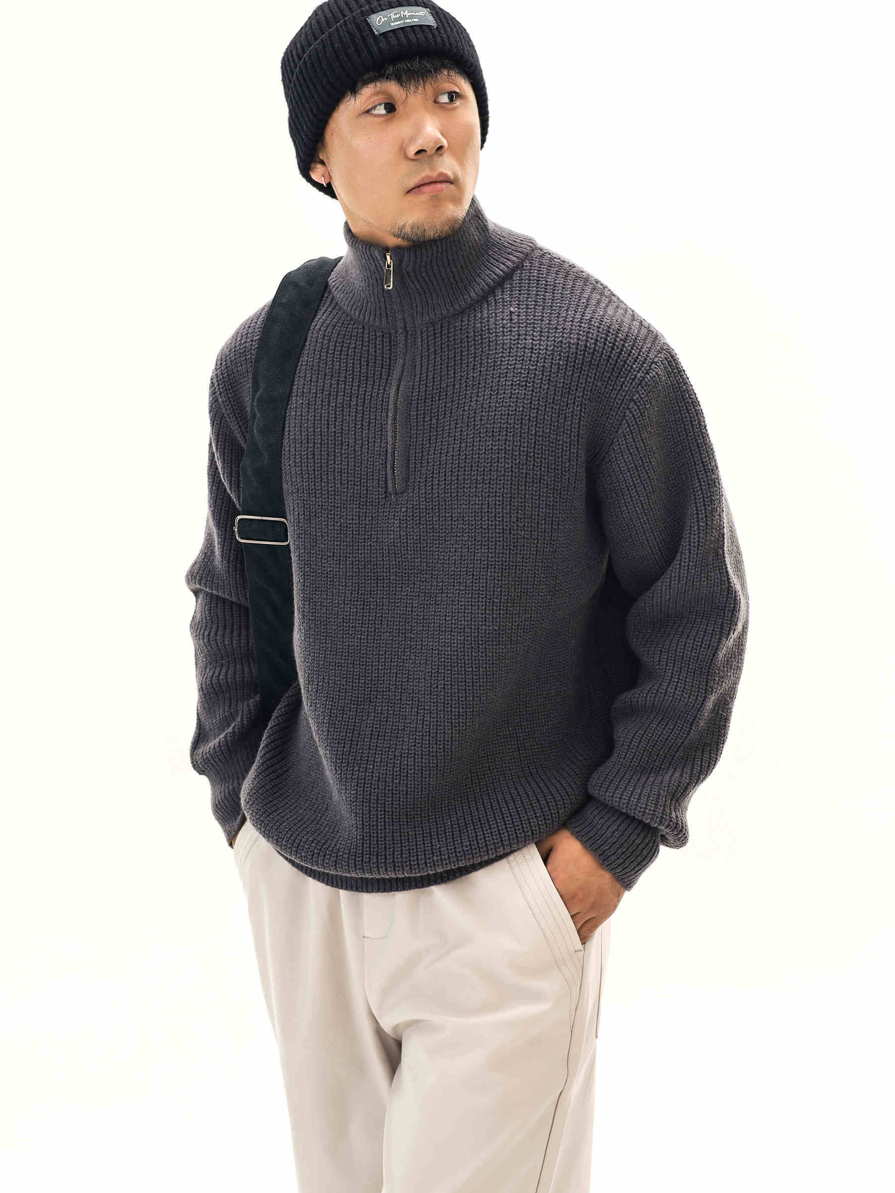 Thick Needle Wool Yarn American Retro Half Zipper Turtleneck Sweater