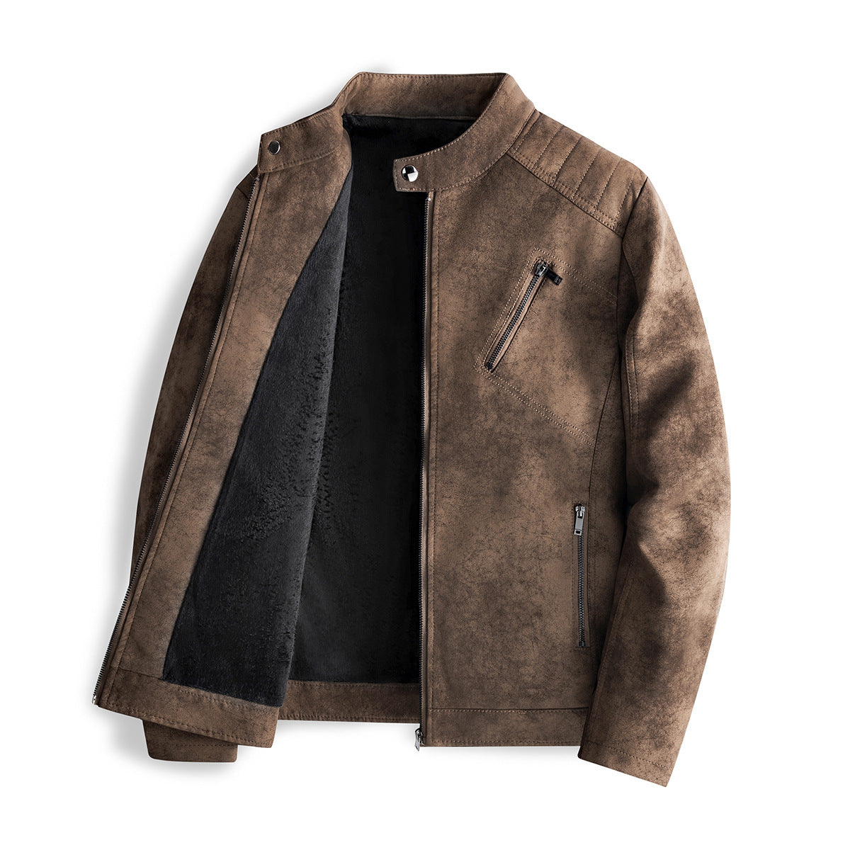Men's Leather Fleece-lined Slim Stand Collar Jacket