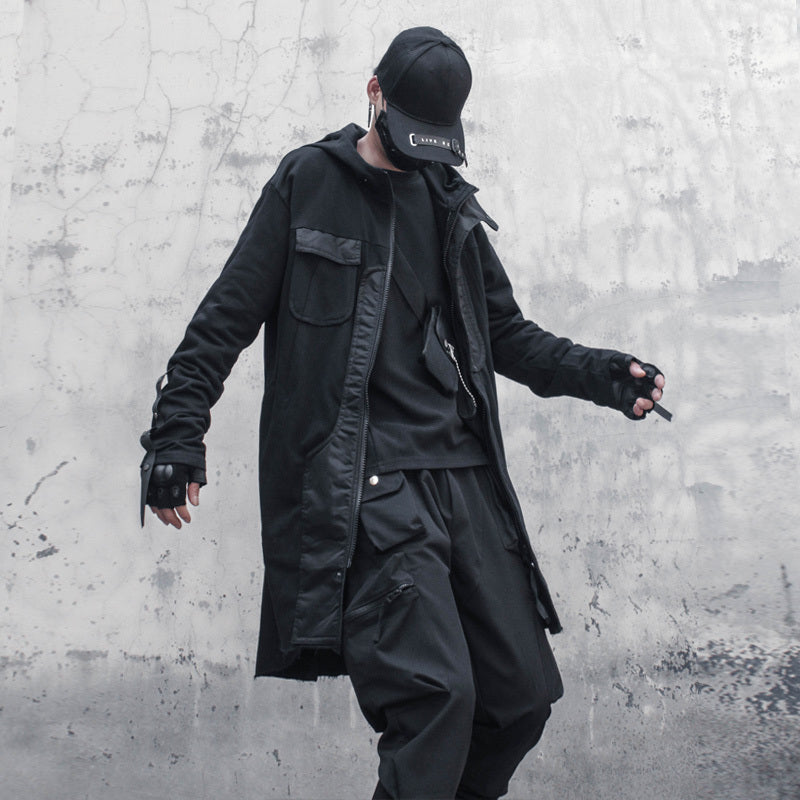 Original Dark Retro Patchwork RO Hooded Trench Coat