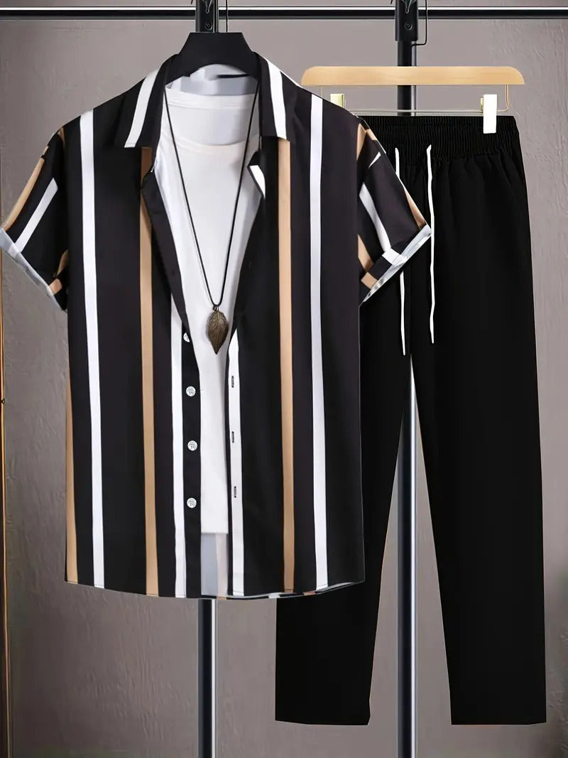 Casual Striped Short Sleeve Shirt Trousers Suit