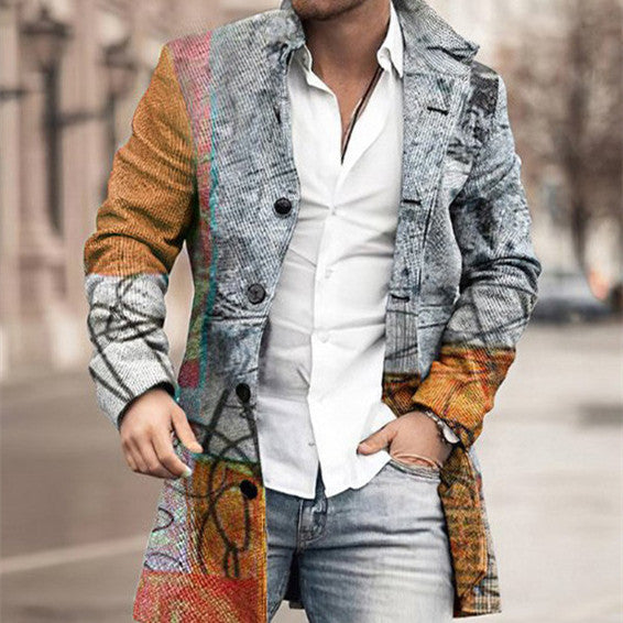 Fall Winter Men Woolen Stand Collar Mid-length trench coat