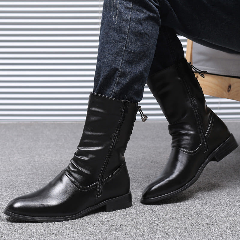 Pointed Leather Boots Men's British Korean High-top Leather Mid-calf Length boots