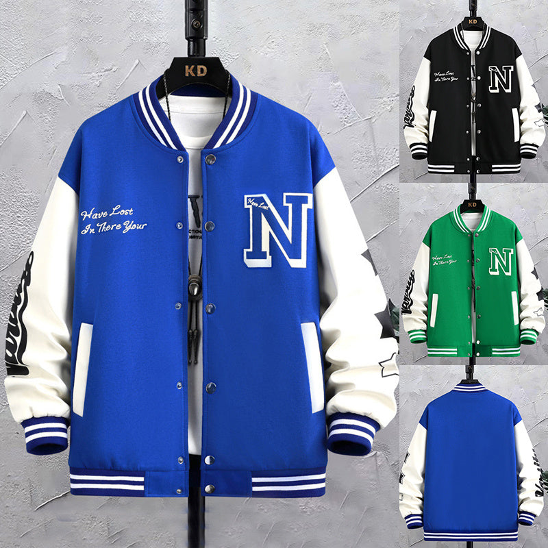 Letter Print Color Block baseball Jacket