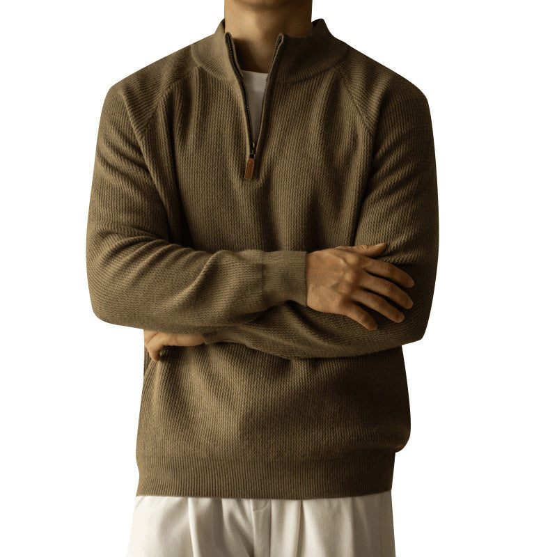 Washable Wool Men's Warm Half Turtleneck Zipper Sweater