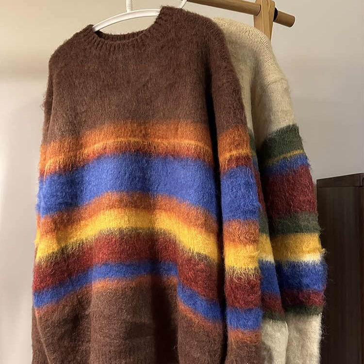 Retro Loose Striped Contrast Color Design Round Neck Sweater