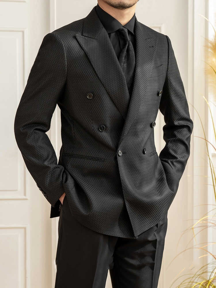 Texture Black Plaid Commute Leisure suit