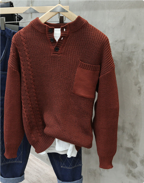 Retro Pullover Men Loose Pockets All-match Casual Sweater