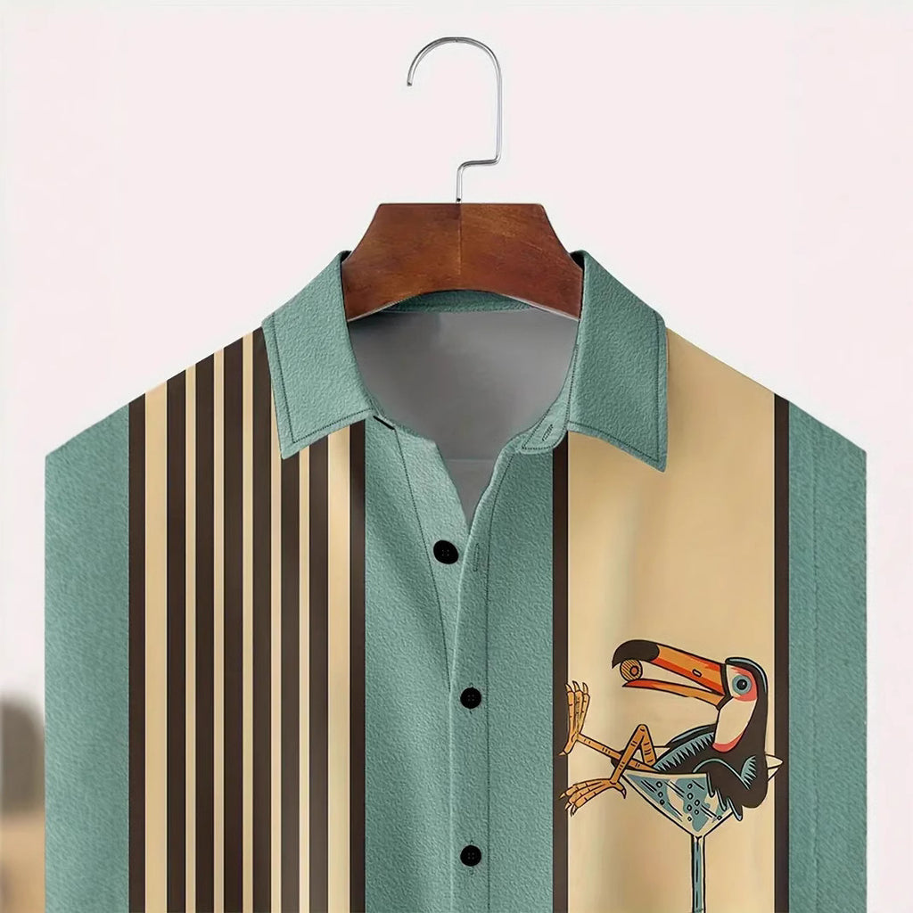 Striped Pattern Buckle Short Sleeve shirt Men