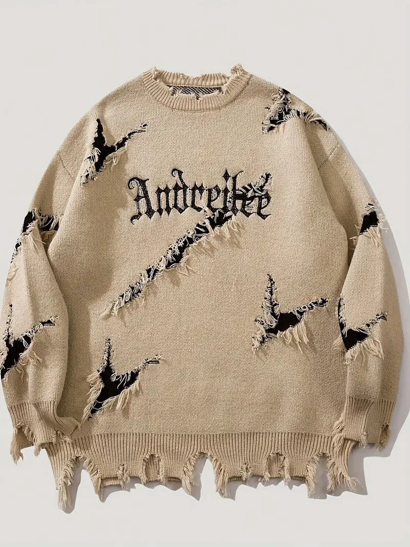 Street Jacquard Ripped Frayed Vintage Loose Sweater