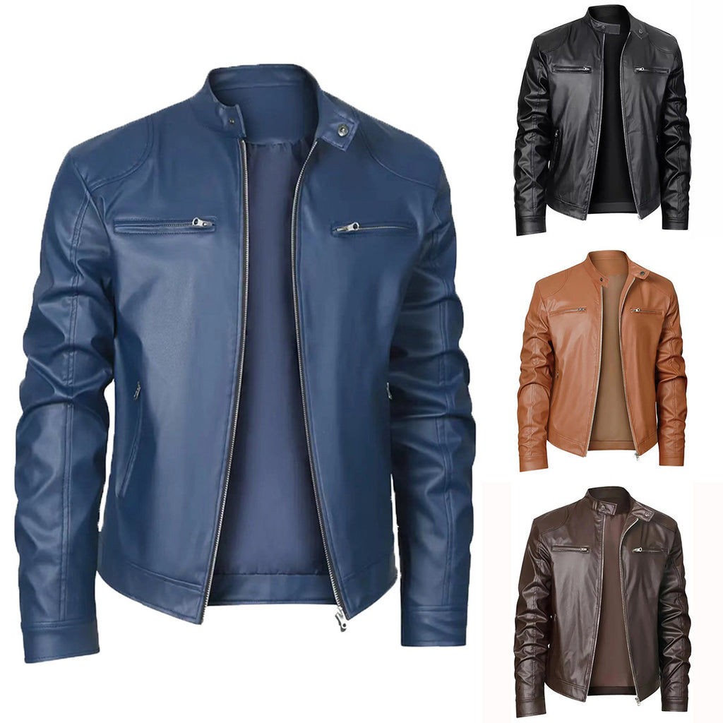Men's Stand-up Collar Slim Fit Leather Zipper jacket