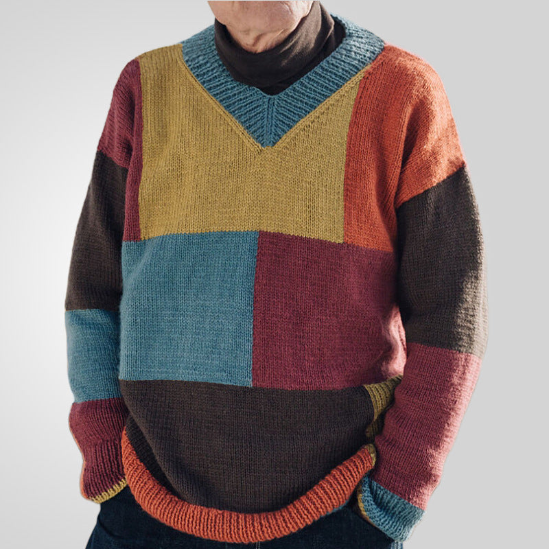 Men's Knitwear V-neck Color-block Long Sleeve Pullover sweater