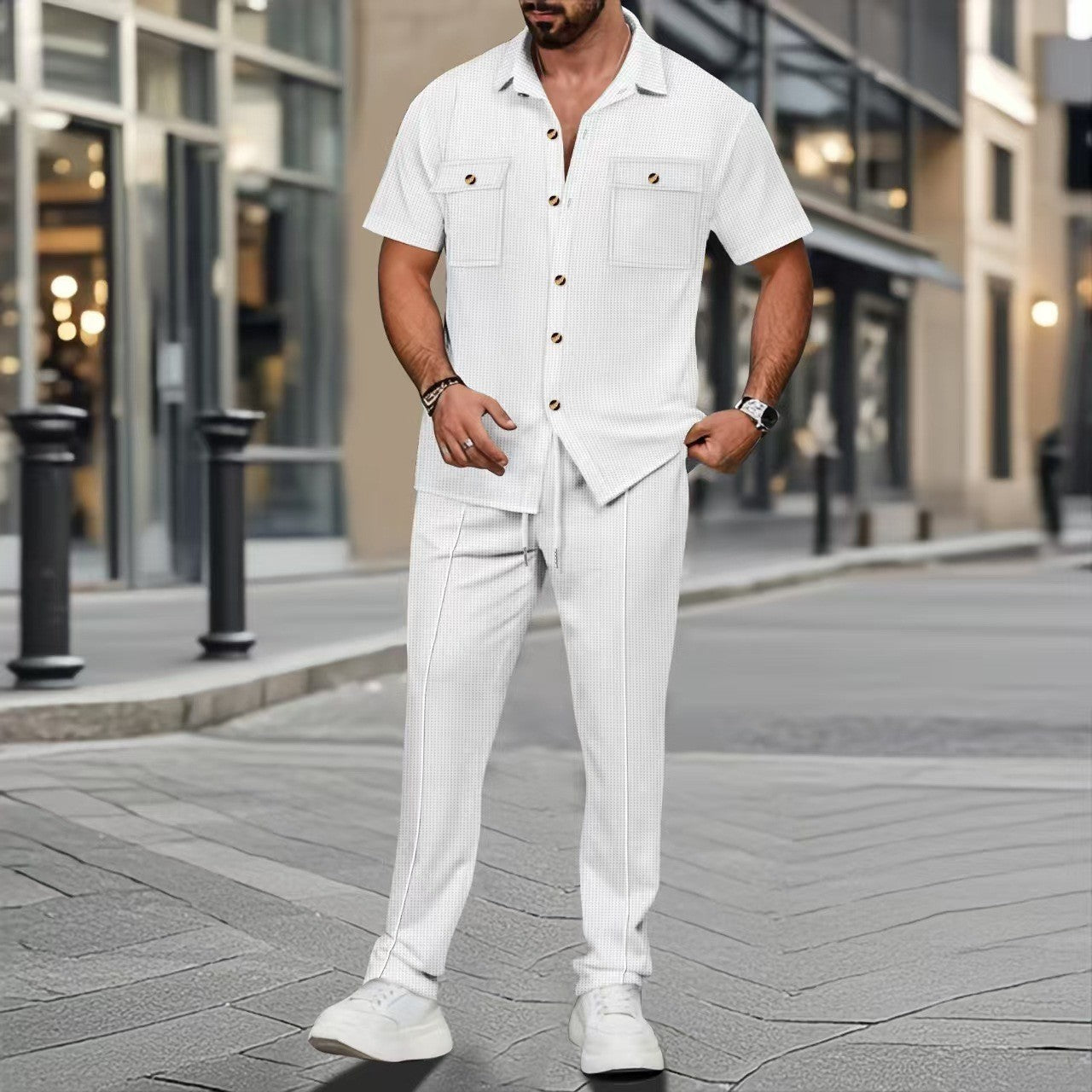 Buttons Pocket Short Sleeve shirt and Trousers Two-piece Set