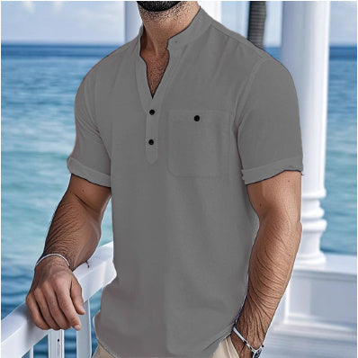 Stand Collar Linen Short Sleeve Shirt Men