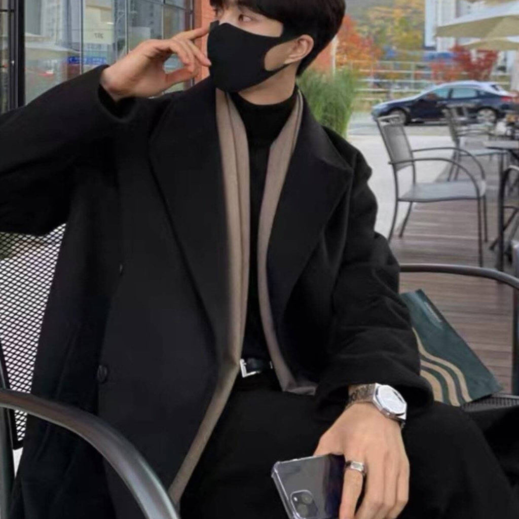 Men's Mid-length Over-the-knee Suit Collar Double Breasted Woolen Trench Coat