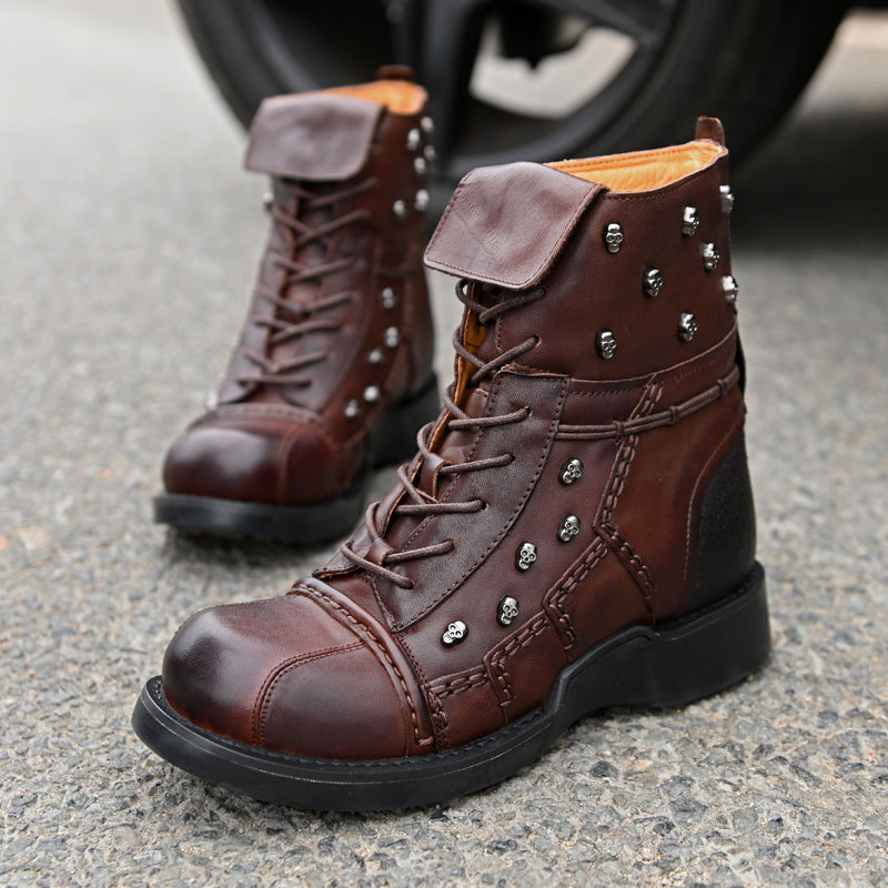 Men's Warm Work Motorcycle Waterproof High-top Steampunk Leather Boots