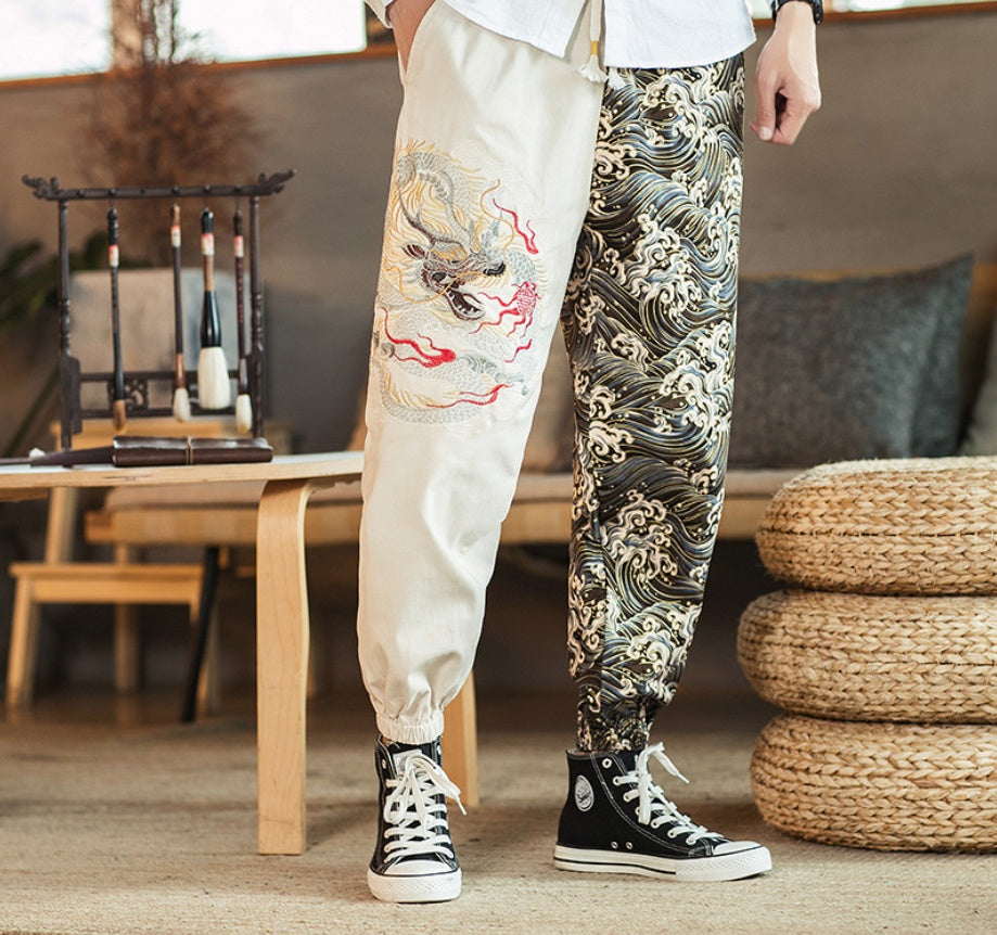 Embroidered Silver Dragon Casual Versatile Trousers