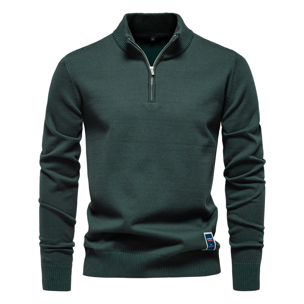 Men's Stand Collar Half Zip Solid Color Cotton Sweater