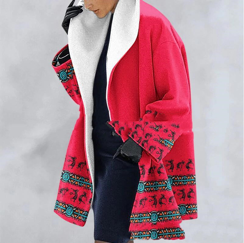 Thick Woolen Print Hooded Loose Medium Length trench Coat