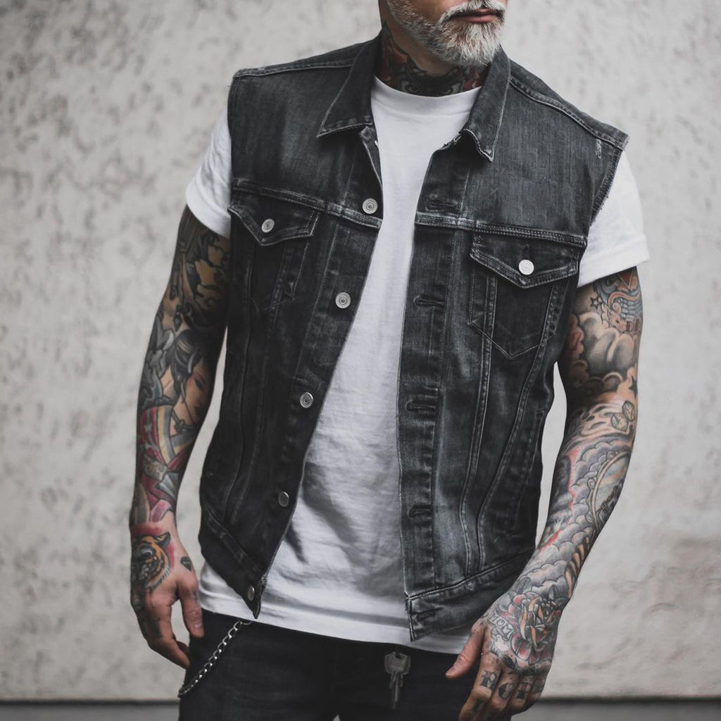 Men's Denim Sleeveless Turn-down Collar Coat