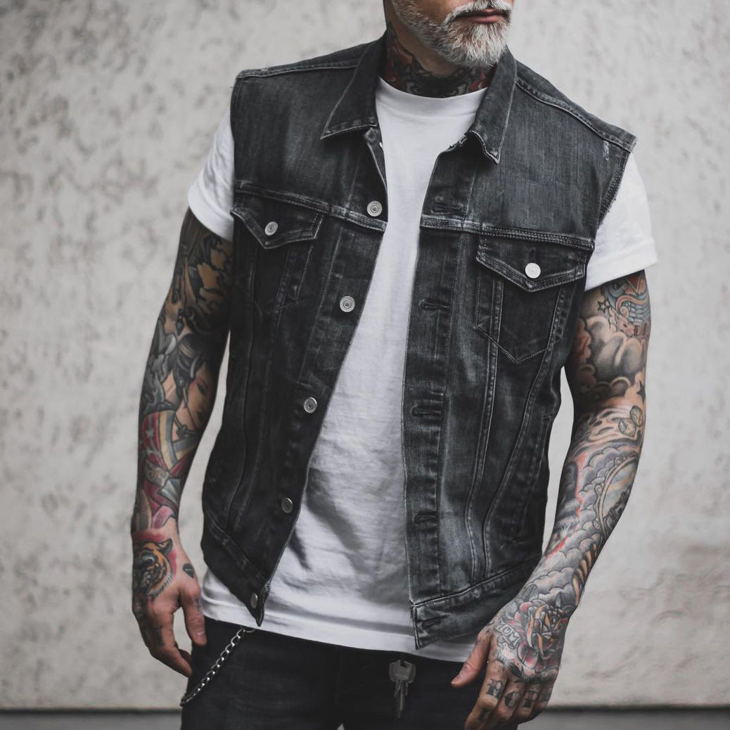 Men's Denim Sleeveless Turn-down Collar Coat