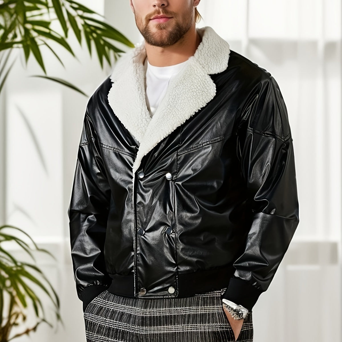 Men's Leather Fleece-lined Thickened Casual jacket