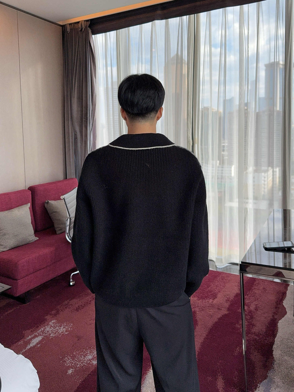 Stitching Contrast Color V-neck Houndstooth Sweater