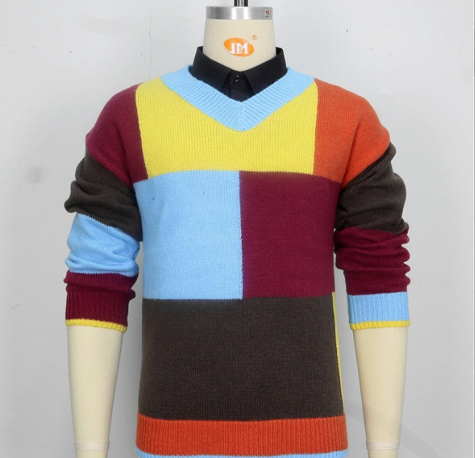 Men's Knitwear V-neck Color-block Long Sleeve Pullover sweater