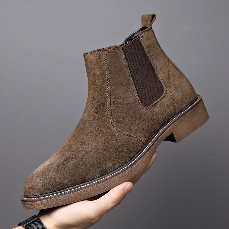 Men's Suede Leather Autumn And Winter Fleece-lined Pointed Ankle Boots
