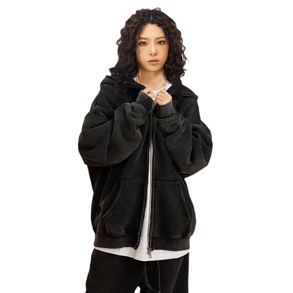 Washed Hooded Cardigan Vintage Fleece-lined Double Zipper Sweater