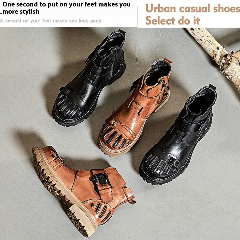 Men Punk Rock Tooling Machinery Car Boots Lace-up Big Head Leather Shoes