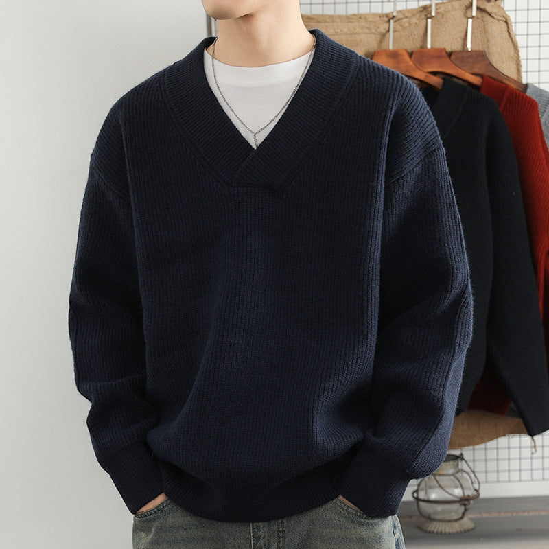 V-neck Men's Solid Color Coarse Yarn Knitted Sweater