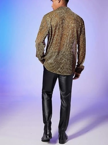 Shiny Crystal See-through Lapel Long Sleeve Shirt