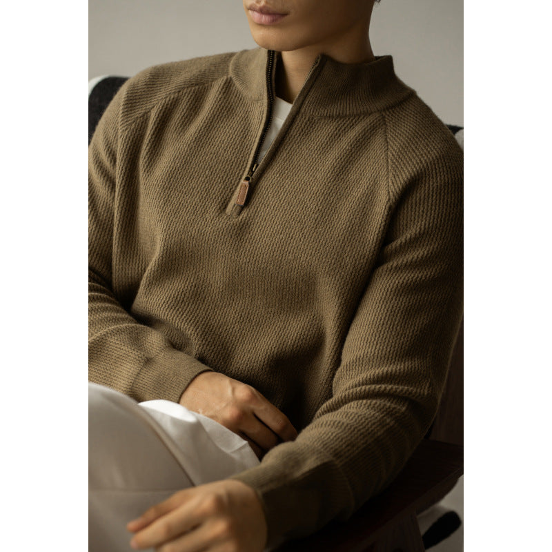 Washable Wool Men's Warm Half Turtleneck Zipper Sweater