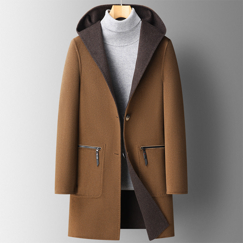 Fall Winter Hooded Double-sided Wear Wool Men's Mid-length Overcoat