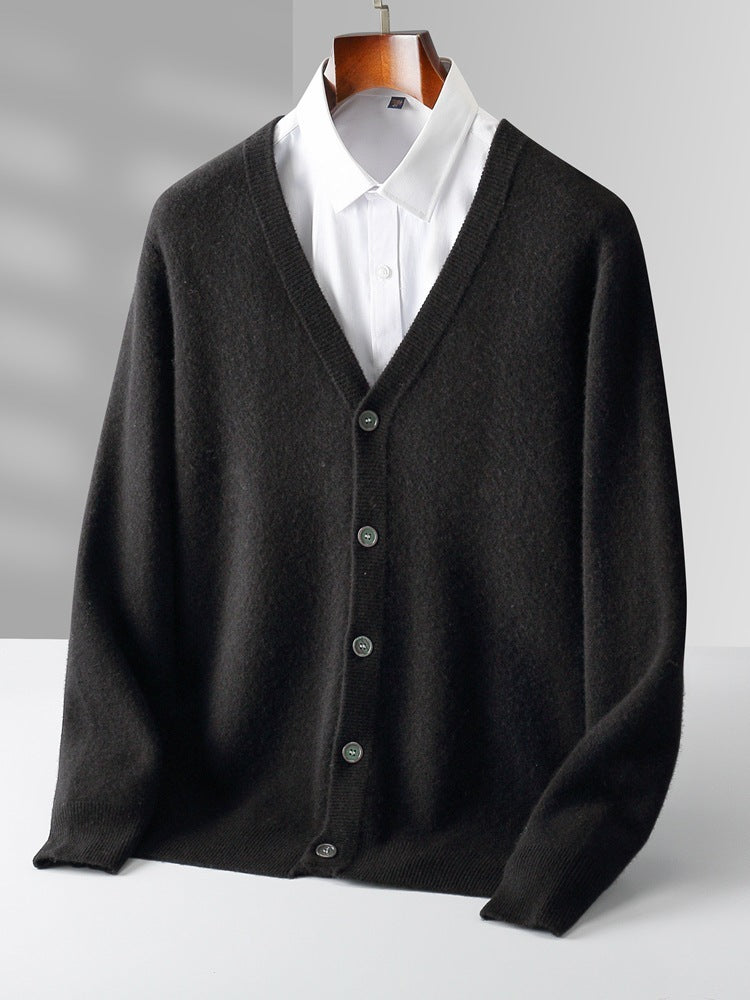 Pure Wool Cardigan Men's V-neck Solid Color Long Sleeve sweater