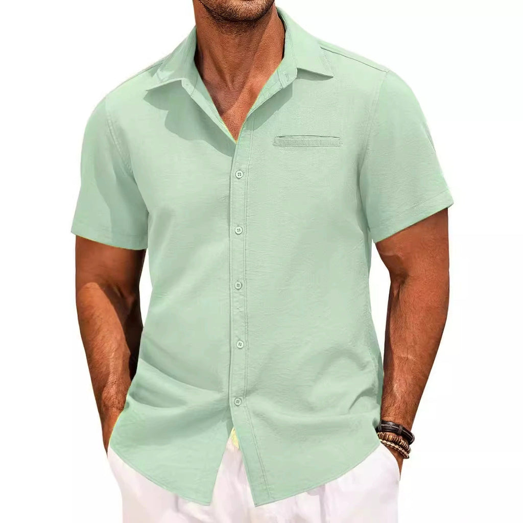 Polo Collar Solid Color Short Sleeve Button Shirt