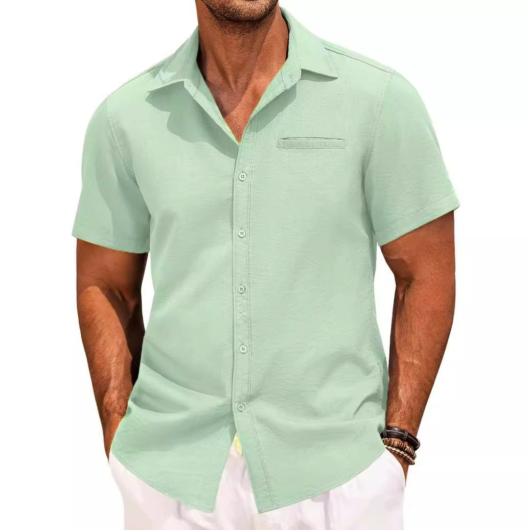 Polo Collar Solid Color Short Sleeve Button Shirt