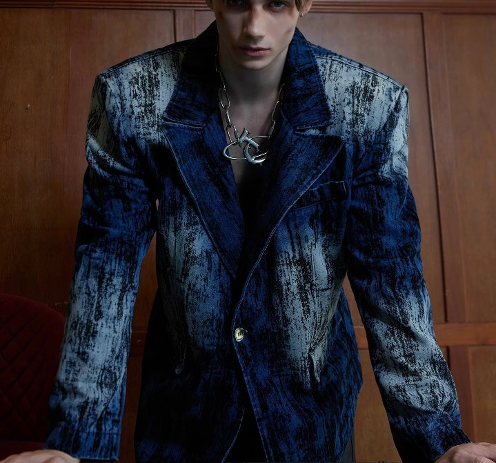 Tie-dyed Distressed Padded Shoulder Suit Jacket