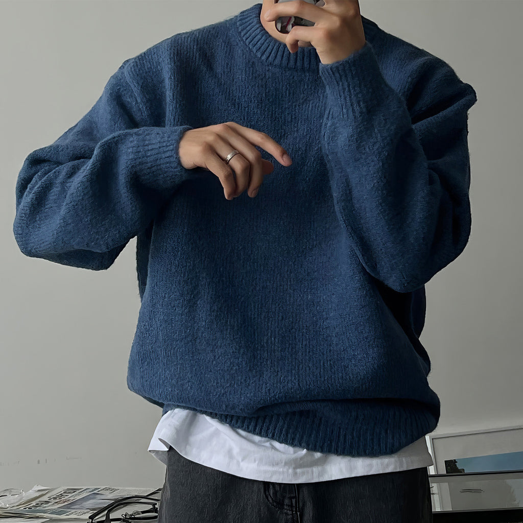 Solid Color Drop-shoulder Round Neck Sweater Men