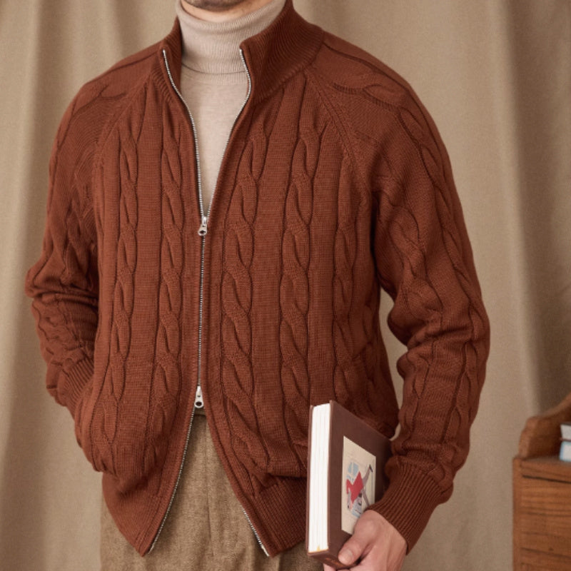 Pure Cotton Knitted British Thickened Twisted Double Zipper Cardigan