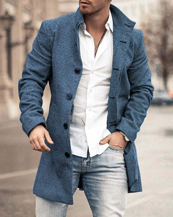Autumn And Winter Men's Woolen Stand Collar Medium Long Pocket Casual Coat