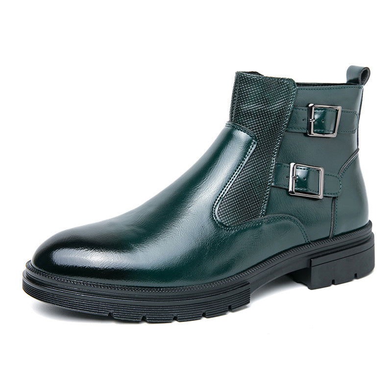 High-top British Double Buckle Slip-on Leather Boots