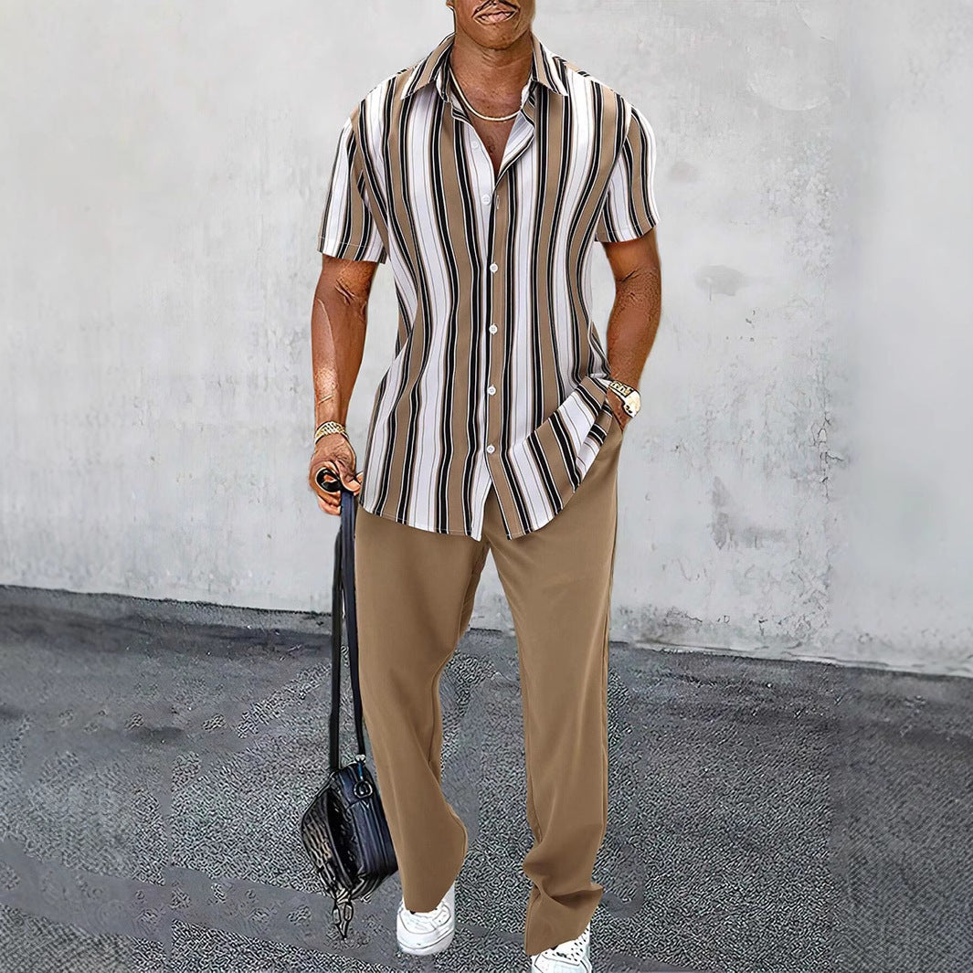 Casual Striped Short Sleeve Shirt Trousers Suit