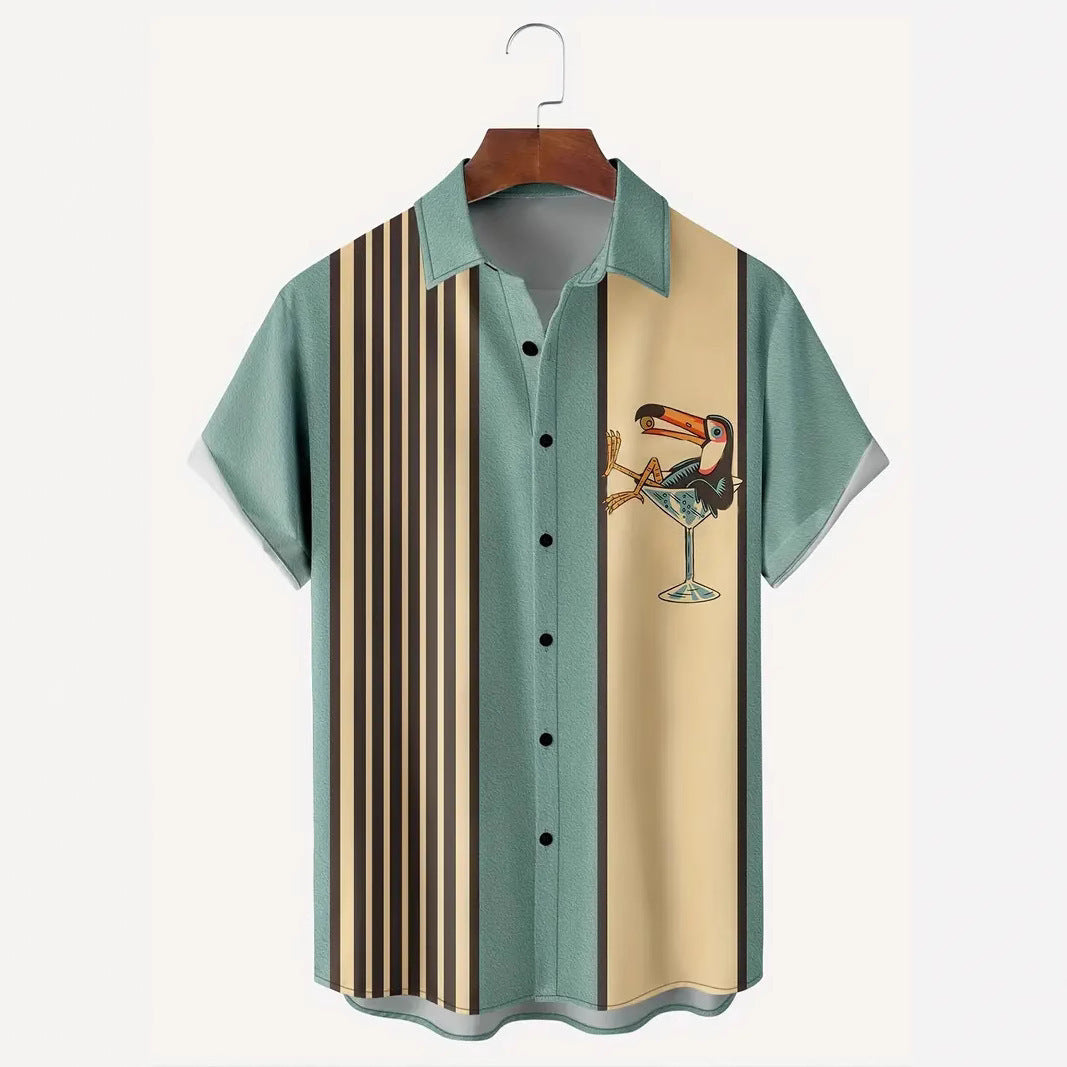 Striped Pattern Buckle Short Sleeve shirt Men