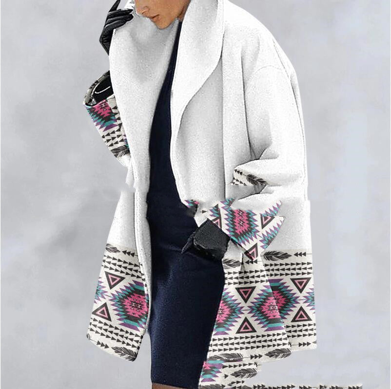 Thick Woolen Print Hooded Loose Medium Length trench Coat