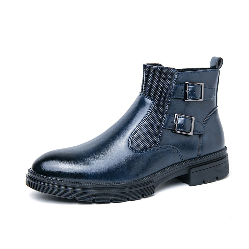 High-top British Double Buckle Slip-on Leather Boots