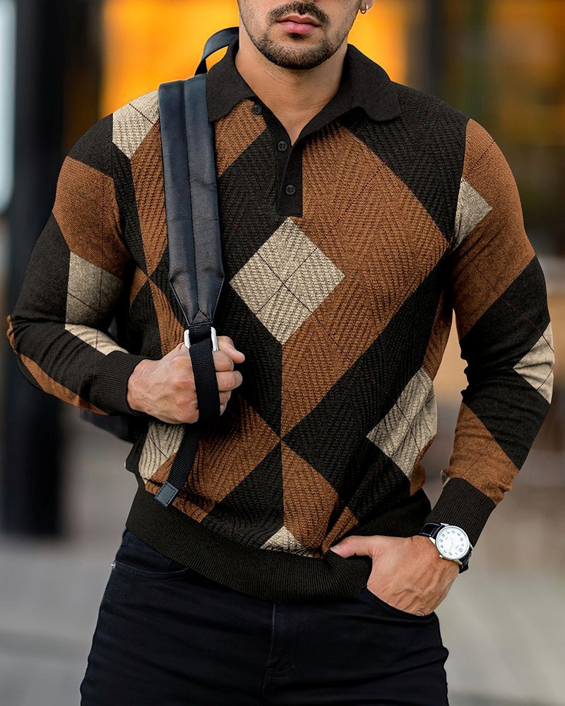 Men's Digital Printing Lapel Button Casual sweater