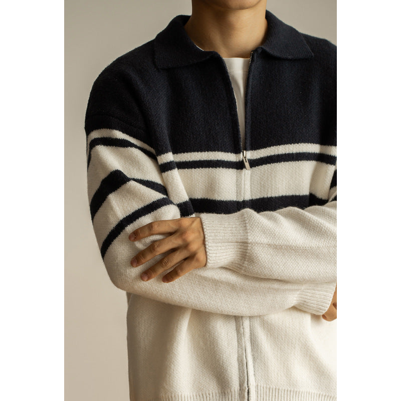 Young Contrast Color Striped Lapel Sweater Men