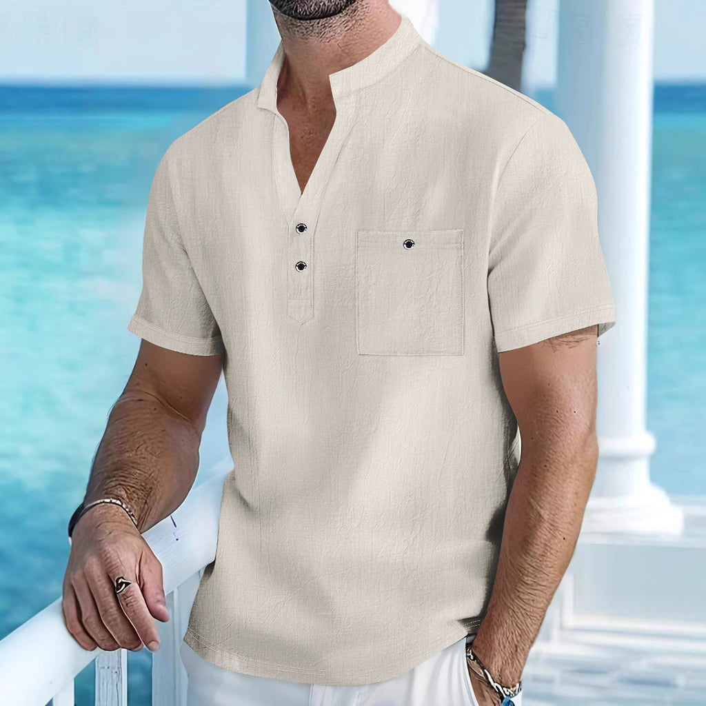 Stand Collar Linen Short Sleeve Shirt Men