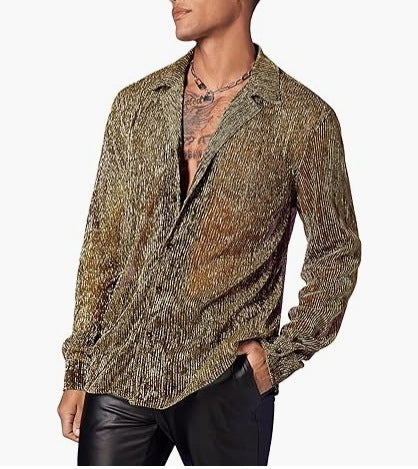 Shiny Crystal See-through Lapel Long Sleeve Shirt